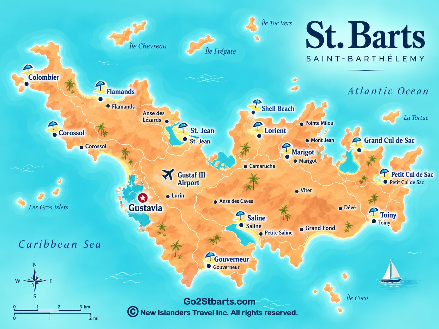 Illustrated map of St. Barts showing beach areas and island locations